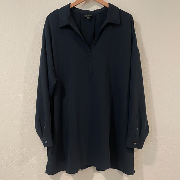 ~ J.Jill 2x Wearever Dress Black Vneck Tunic Above Knee Long Sleeve Pleated Slit - Picture 1 of 14